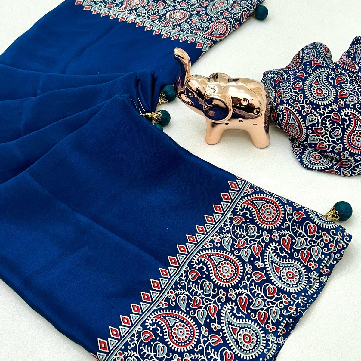 Royal Blue Satin Saree In Ajrakh Floral Print With Tassel Adorned Pallu