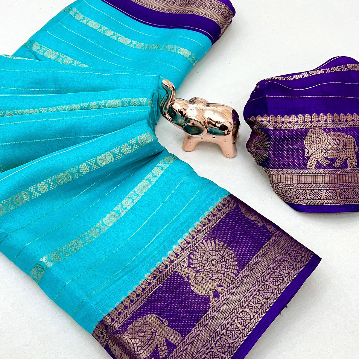 Aqua Blue Floral Weaving Mysore Silk Saree With Peacock Print Pallu & Two-Tone Padding Border Work