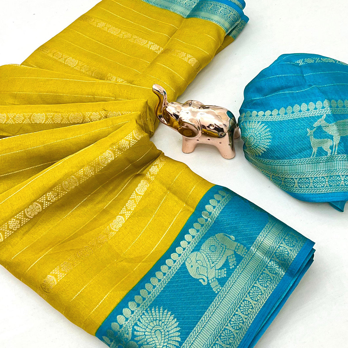 Mustard Floral Weaving Mysore Silk Saree With Peacock Print Pallu & Two-Tone Padding Border Work