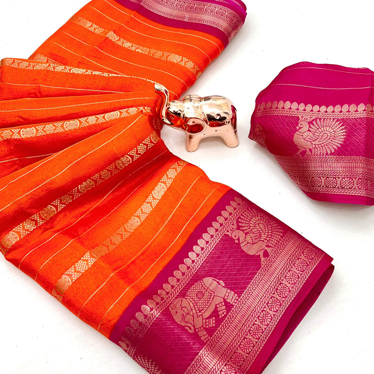 Orange Floral Weaving Mysore Silk Saree With Peacock Print Pallu & Two-Tone Padding Border Work