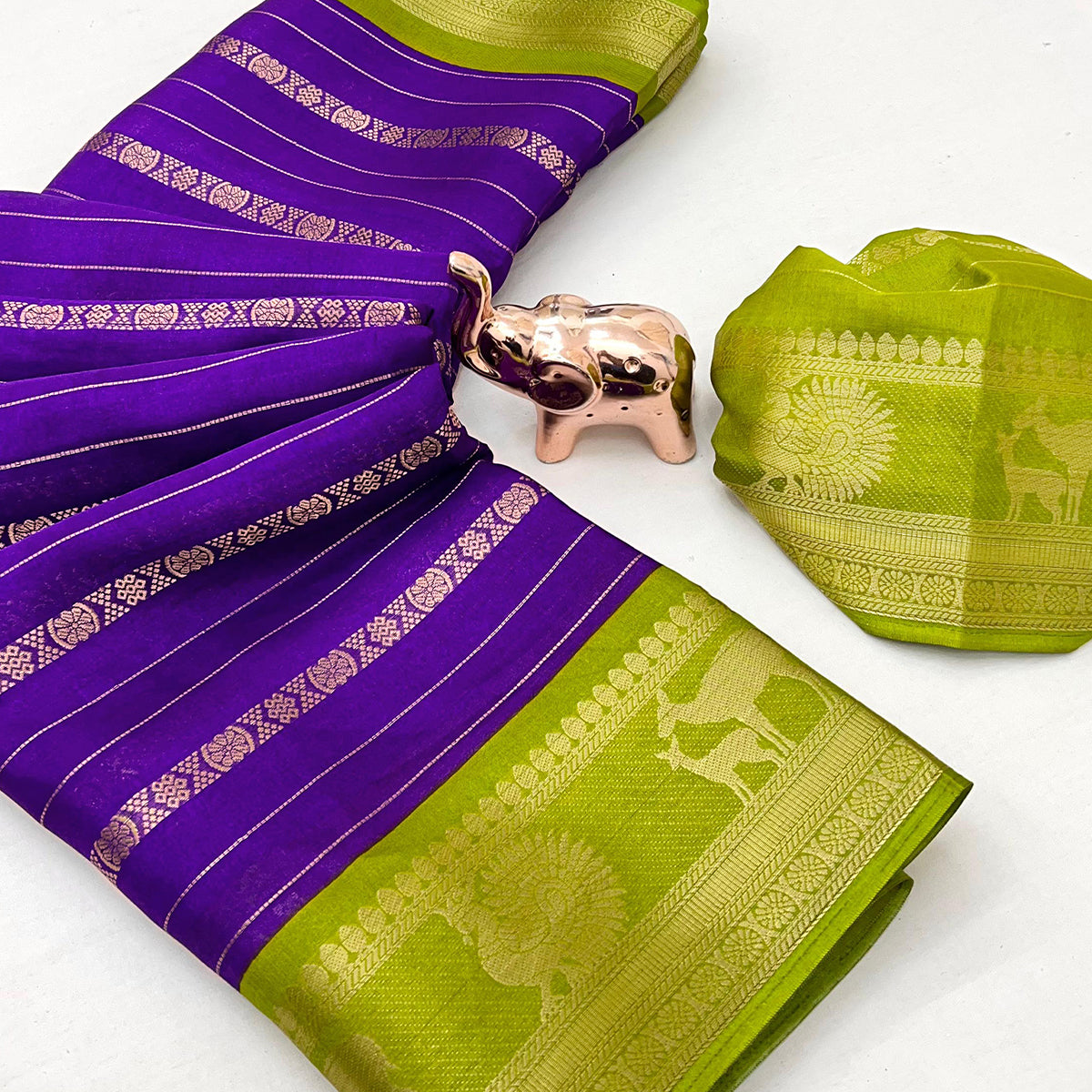 Purple Floral Weaving Mysore Silk Saree With Peacock Print Pallu & Two-Tone Padding Border Work