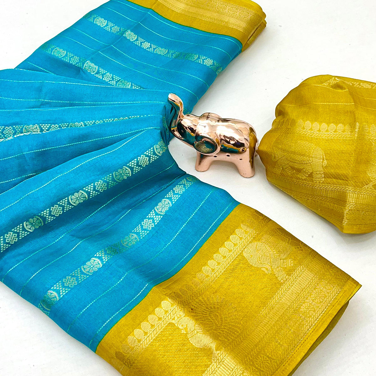 Turquoise Blue Floral Weaving Mysore Silk Saree With Peacock Print Pallu & Two-Tone Padding Border