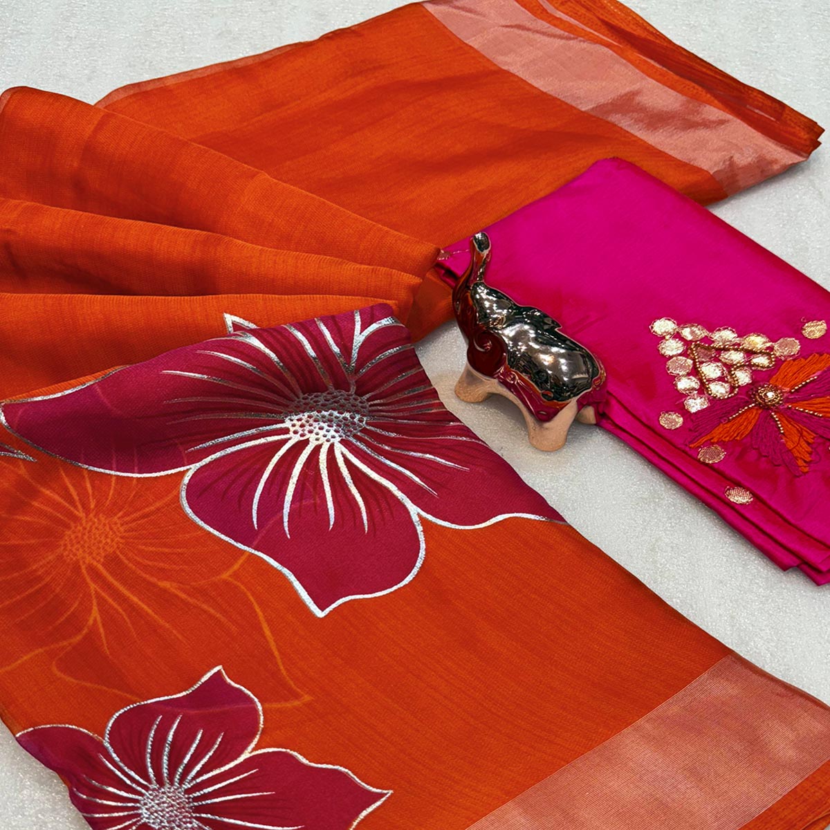 Vibrant Orange & Pink Floral Foil Printed Organza Saree With Designer Unstitched Blouse