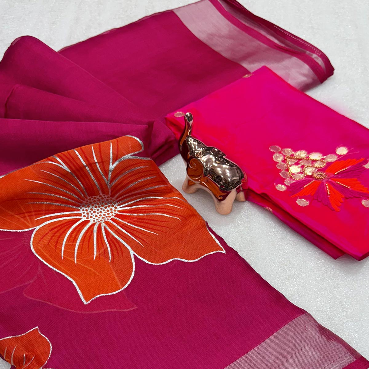 Vibrant Rani Pink & Orange Floral Foil Printed Organza Saree With Designer Unstitched Blouse