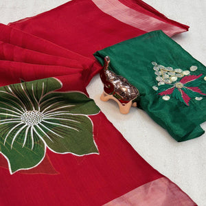 Vibrant Red & Green Floral Foil Printed Organza Saree With Designer Unstitched Blouse