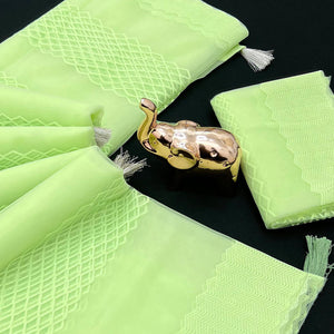 Green Woven Thread Work Net Saree With Tassels