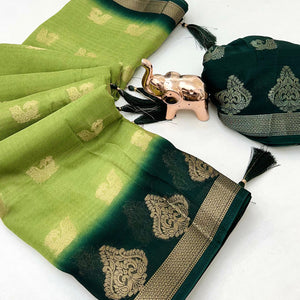 Elegant Green Peacock Pattern Zari Weaving Georgette Saree With Tassel Pallu