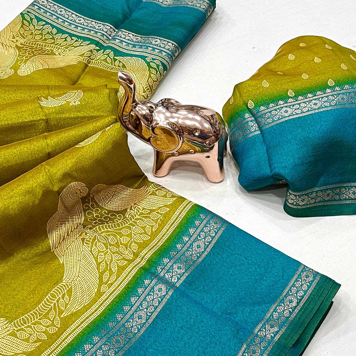 Silk Blend Saree in Mustard with Abstract Print and Intricate Woven Border