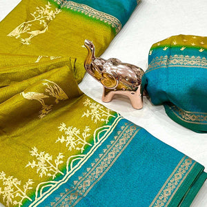 Silk Blend Saree in Yellow with Abstract Print and Intricate Woven Border