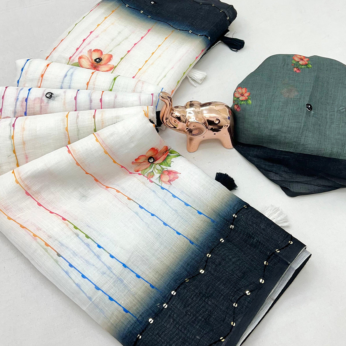 White and Grey Digital Printed Linen Cotton Saree with Refined Artistic Detailing