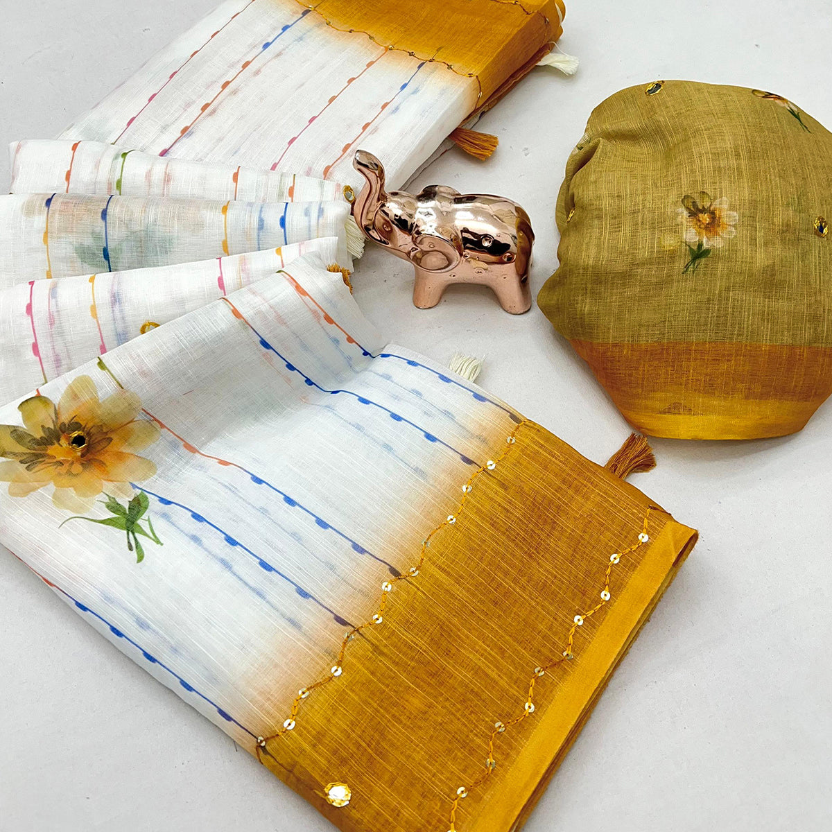 White and Mustard Digital Printed Linen Cotton Saree with Refined Artistic Detailing