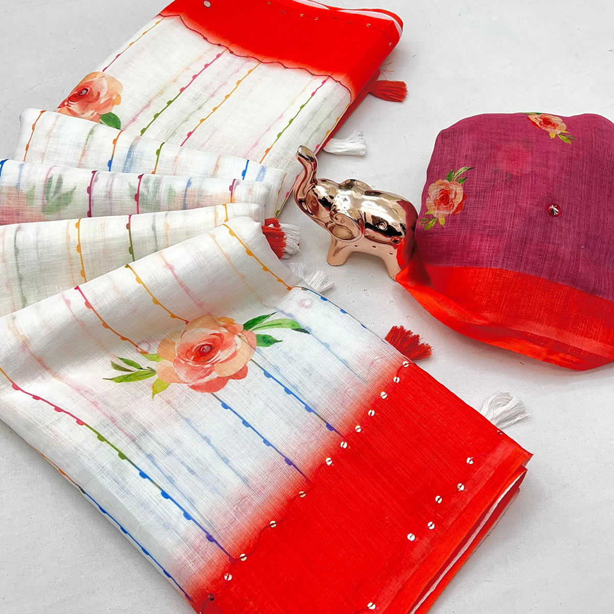 White and Red Digital Printed Linen Cotton Saree with Refined Artistic Detailing