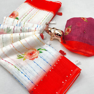 White and Red Digital Printed Linen Cotton Saree with Refined Artistic Detailing