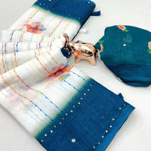 White and Teal Digital Printed Linen Cotton Saree with Refined Artistic Detailing