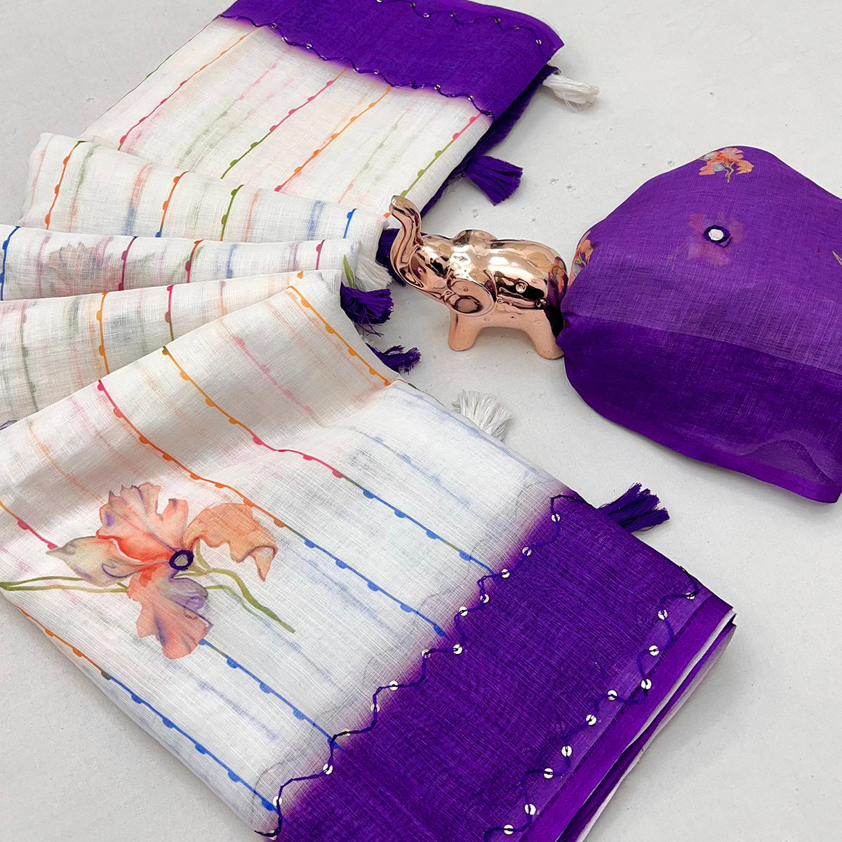 White and Violet Digital Printed Linen Cotton Saree with Refined Artistic Detailing