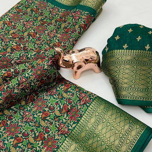 Green Kashmiri Floral Printed Dola Silk Saree With Kalamkari Pallu & Rich Zari Weaving Border