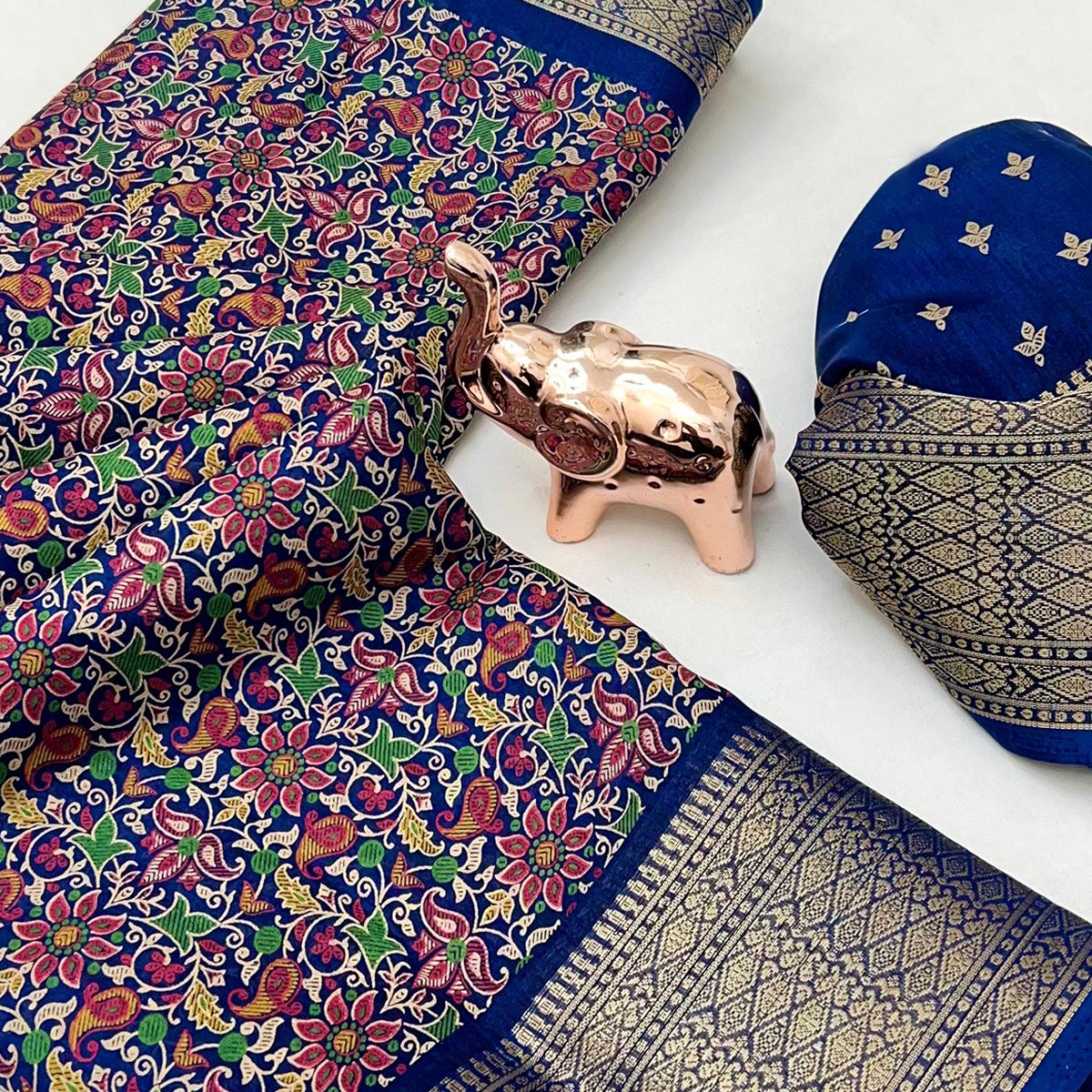 Navy Blue Kashmiri Floral Printed Dola Silk Saree With Kalamkari Pallu & Rich Zari Weaving Border