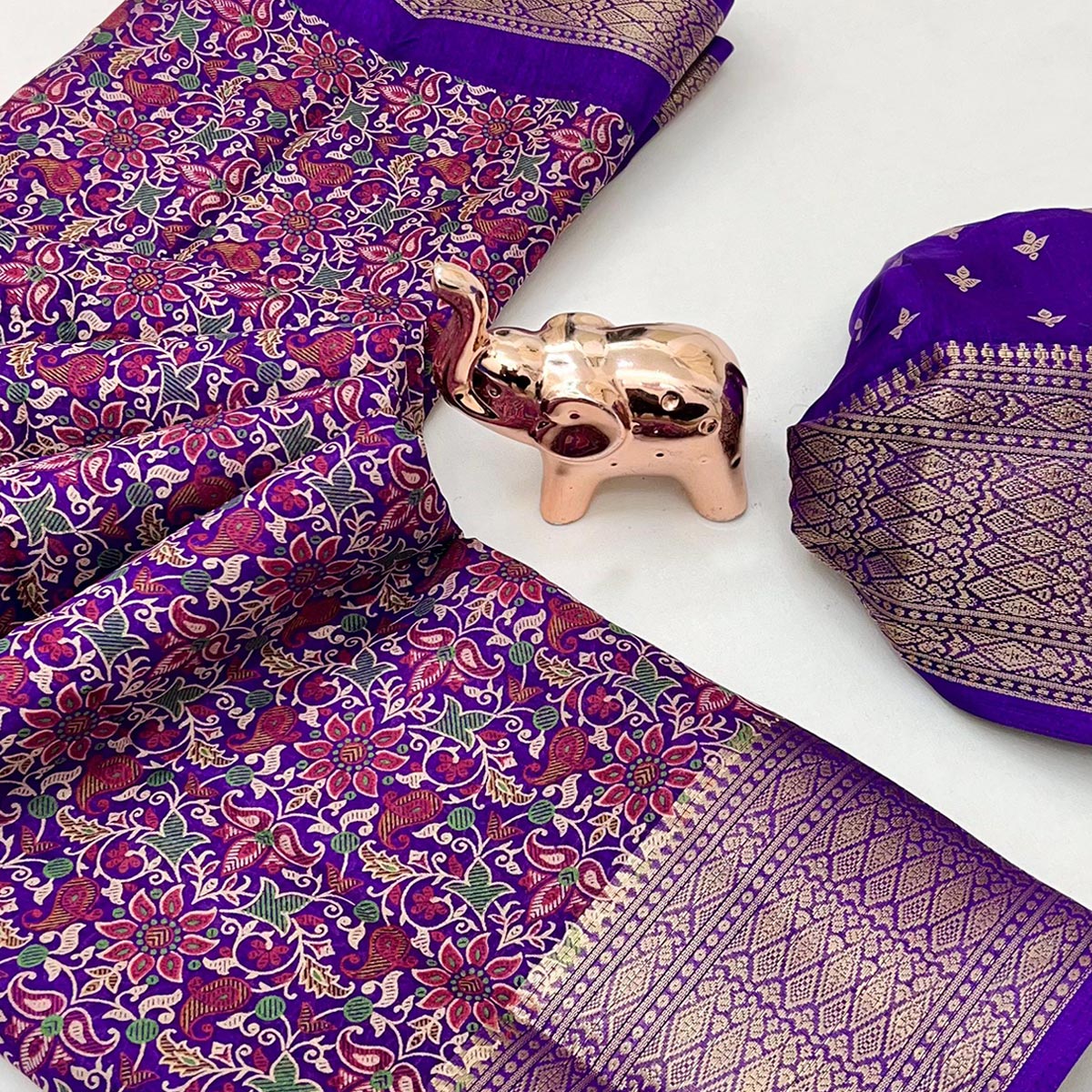 Purple Kashmiri Floral Printed Dola Silk Saree With Kalamkari Pallu & Rich Zari Weaving Border