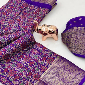 Purple Kashmiri Floral Printed Dola Silk Saree With Kalamkari Pallu & Rich Zari Weaving Border