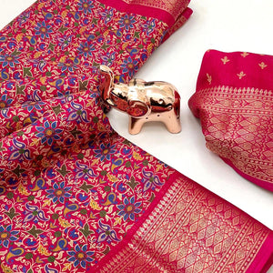 Rani Pink Kashmiri Floral Printed Dola Silk Saree With Kalamkari Pallu & Rich Zari Weaving Border