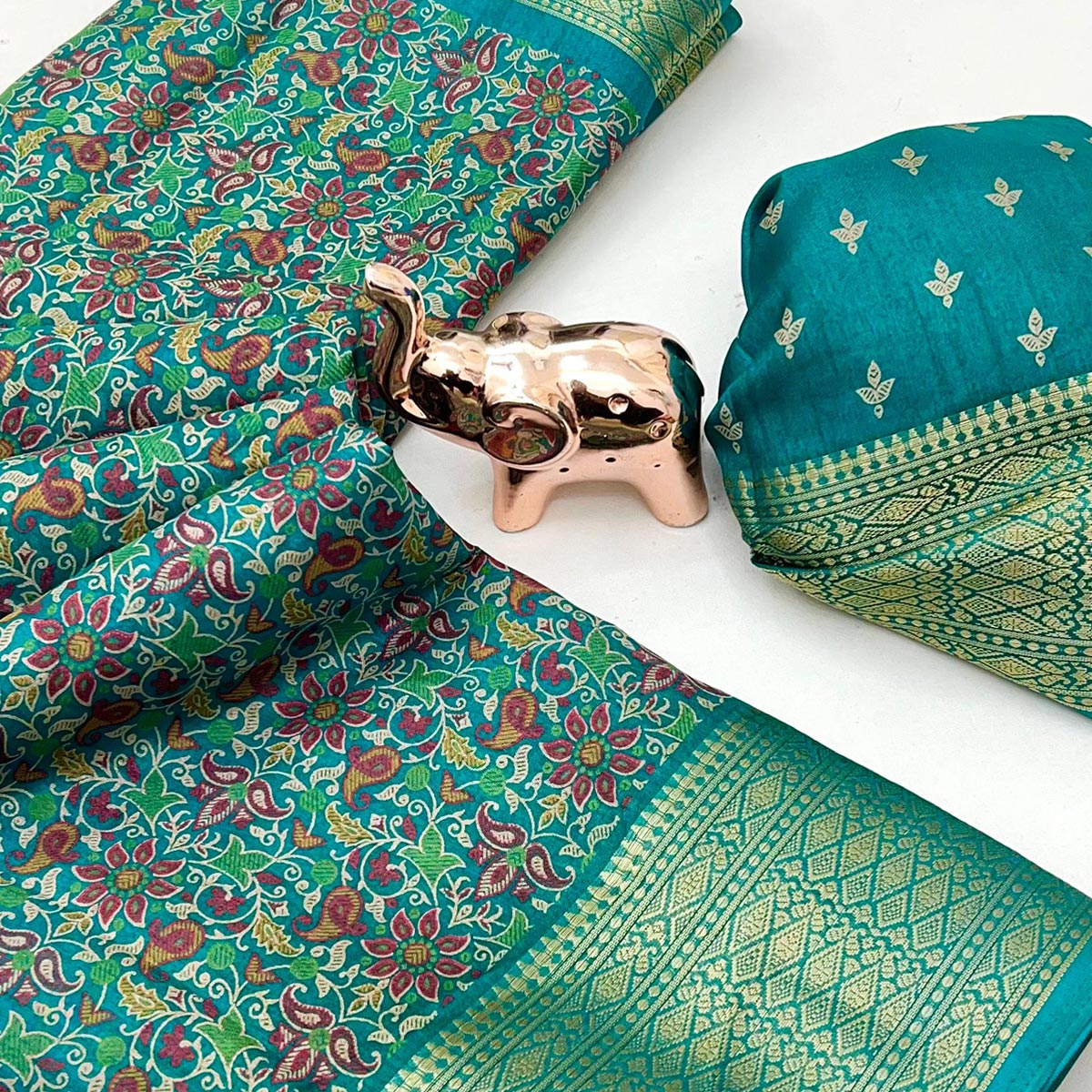 Turquoise Kashmiri Floral Printed Dola Silk Saree With Kalamkari Pallu & Rich Zari Weaving Border