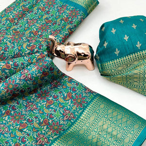 Turquoise Kashmiri Floral Printed Dola Silk Saree With Kalamkari Pallu & Rich Zari Weaving Border