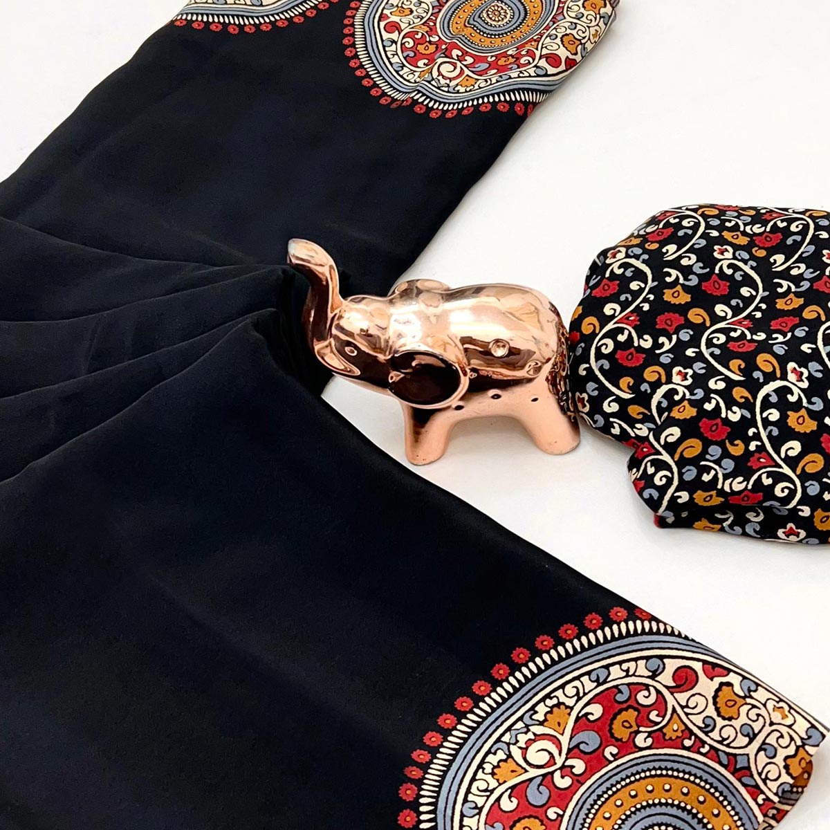 Elegant Black Satin Saree with Ajrakh Inspired Floral Prints
