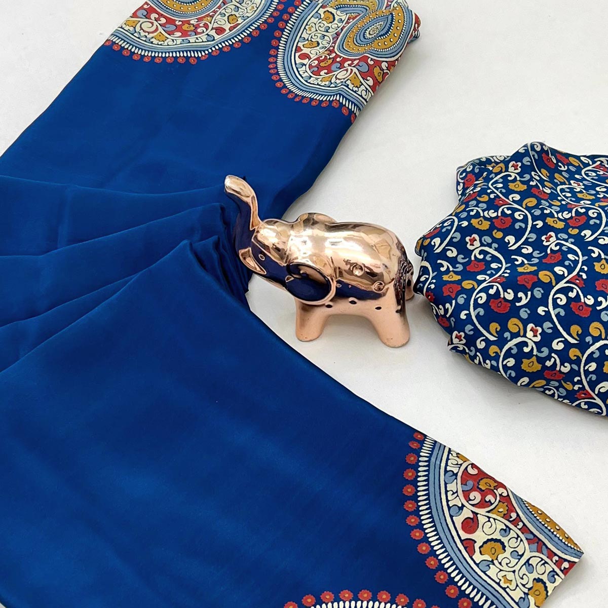 Elegant Blue Satin Saree with Ajrakh Inspired Floral Prints