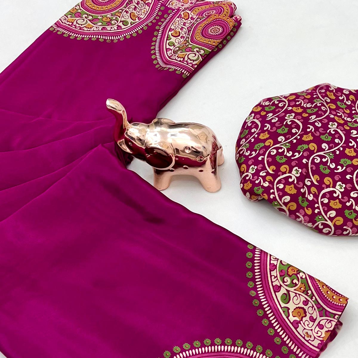 Elegant Pink Satin Saree with Ajrakh Inspired Floral Prints
