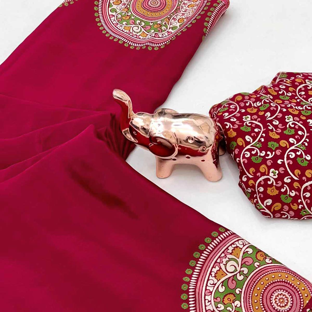 Elegant Red Satin Saree with Ajrakh Inspired Floral Prints