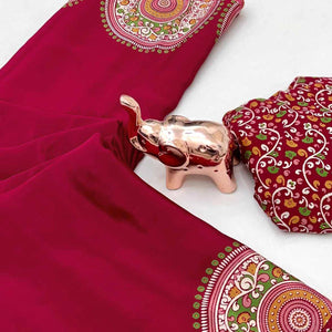 Elegant Red Satin Saree with Ajrakh Inspired Floral Prints