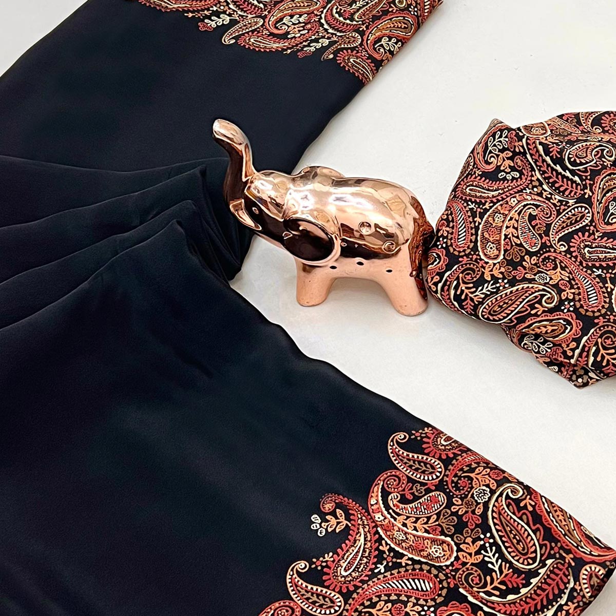 Classic Black Satin Saree Featuring Traditional Ajrakh Paisley Printed Pattern