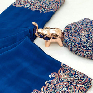 Classic Royal Blue Satin Saree Featuring Traditional Ajrakh Paisley Printed Pattern