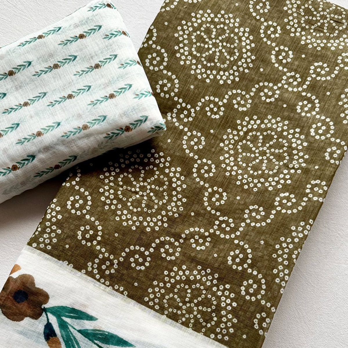 Chic Mehendi Green Linen Saree Featuring Bandhani & Floral Digital Prints