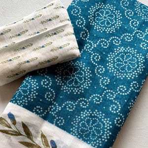 Chic Teal Linen Saree Featuring Bandhani & Floral Digital Prints