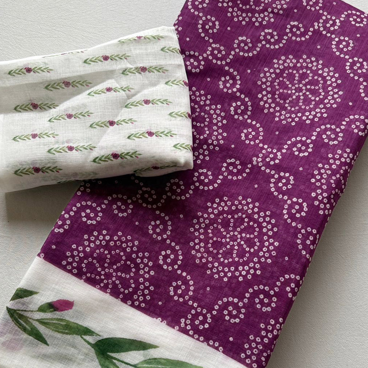 Chic Wine Linen Saree Featuring Bandhani & Floral Digital Prints