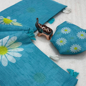 Sophisticated Blue Floral Digital Printed Linen Silk Saree With Tassel Pallu