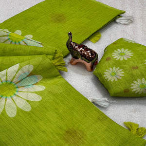 Sophisticated Green Floral Digital Printed Linen Silk Saree With Tassel Pallu