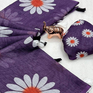 Sophisticated Purple Floral Digital Printed Linen Silk Saree With Tassel Pallu