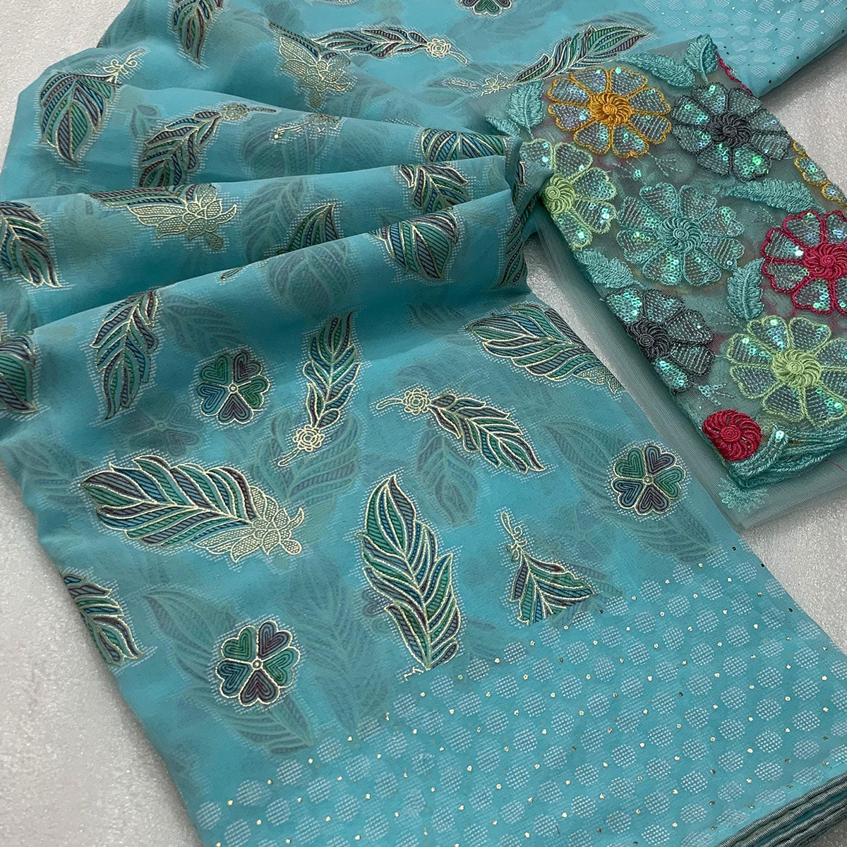 Blue Floral Foil Printed Georgette Saree