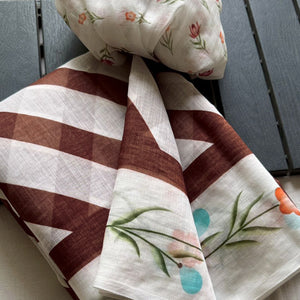 Stylish Brown Digital Striped Printed Linen Saree With Delicate Floral Designs