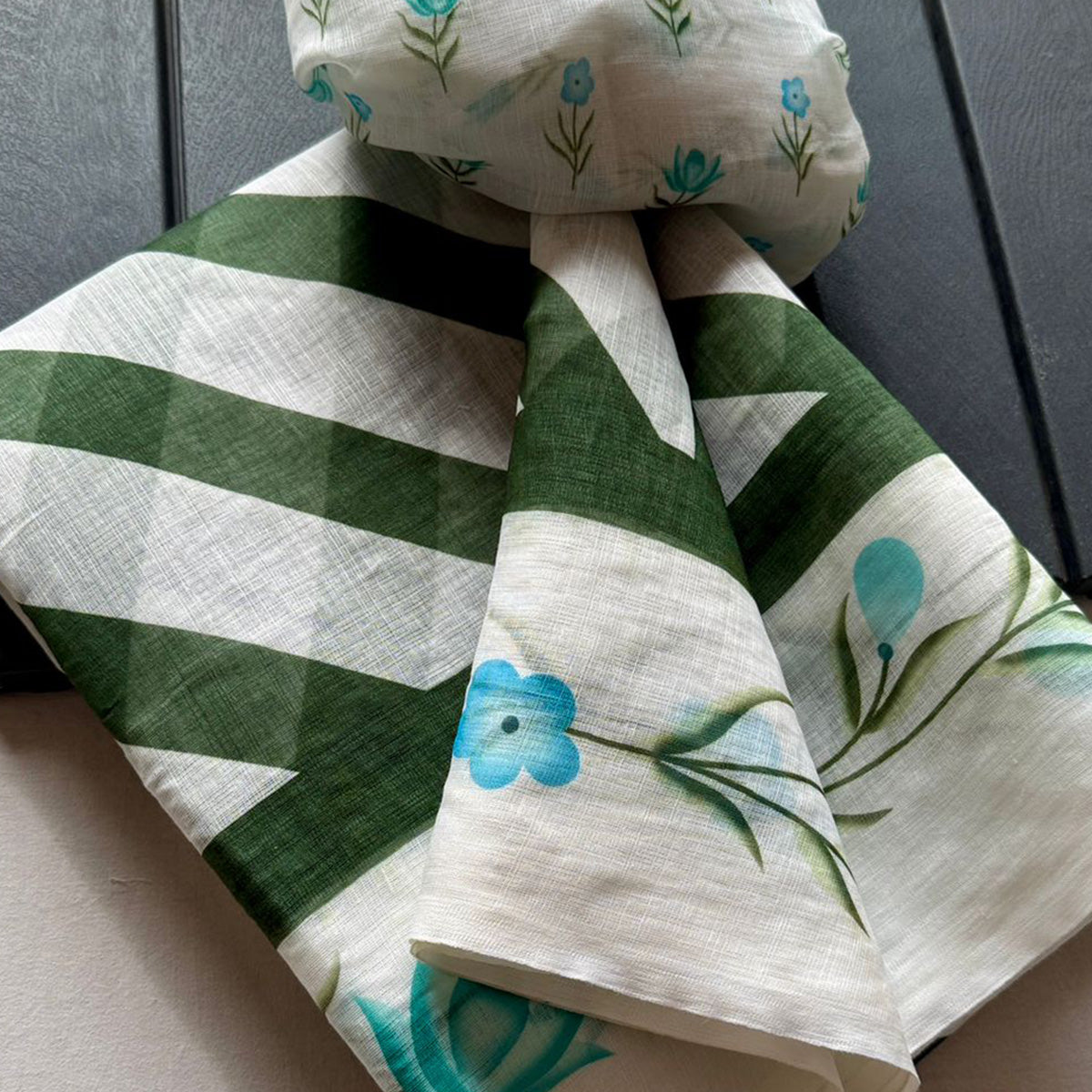 Stylish Green Digital Striped Printed Linen Saree With Delicate Floral Designs