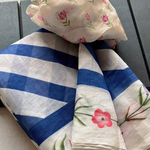 Stylish Navy Blue Digital Striped Printed Linen Saree With Delicate Floral Designs