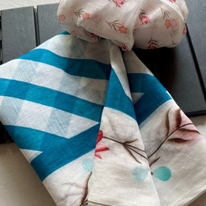 Stylish Teal Blue Digital Striped Printed Linen Saree With Delicate Floral Designs