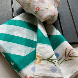 Stylish Turquoise Digital Striped Printed Linen Saree With Delicate Floral Designs
