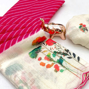 Sophisticated Pink Floral & Striped Digital Printed Linen Saree With Artistic Cutwork Border