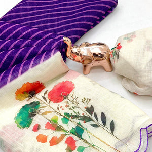 Sophisticated Purple Floral & Striped Digital Printed Linen Saree With Artistic Cutwork Border