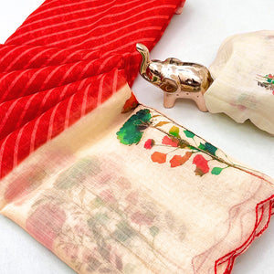 Sophisticated Red Floral & Striped Digital Printed Linen Saree With Artistic Cutwork Border