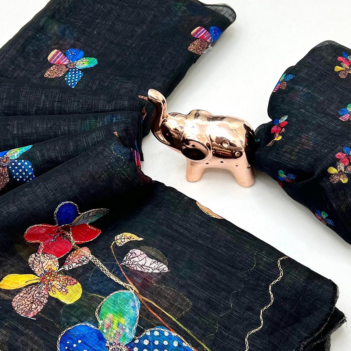 Black Linen Saree Featuring Floral Digital Print With Zari Outline & Cutwork Border