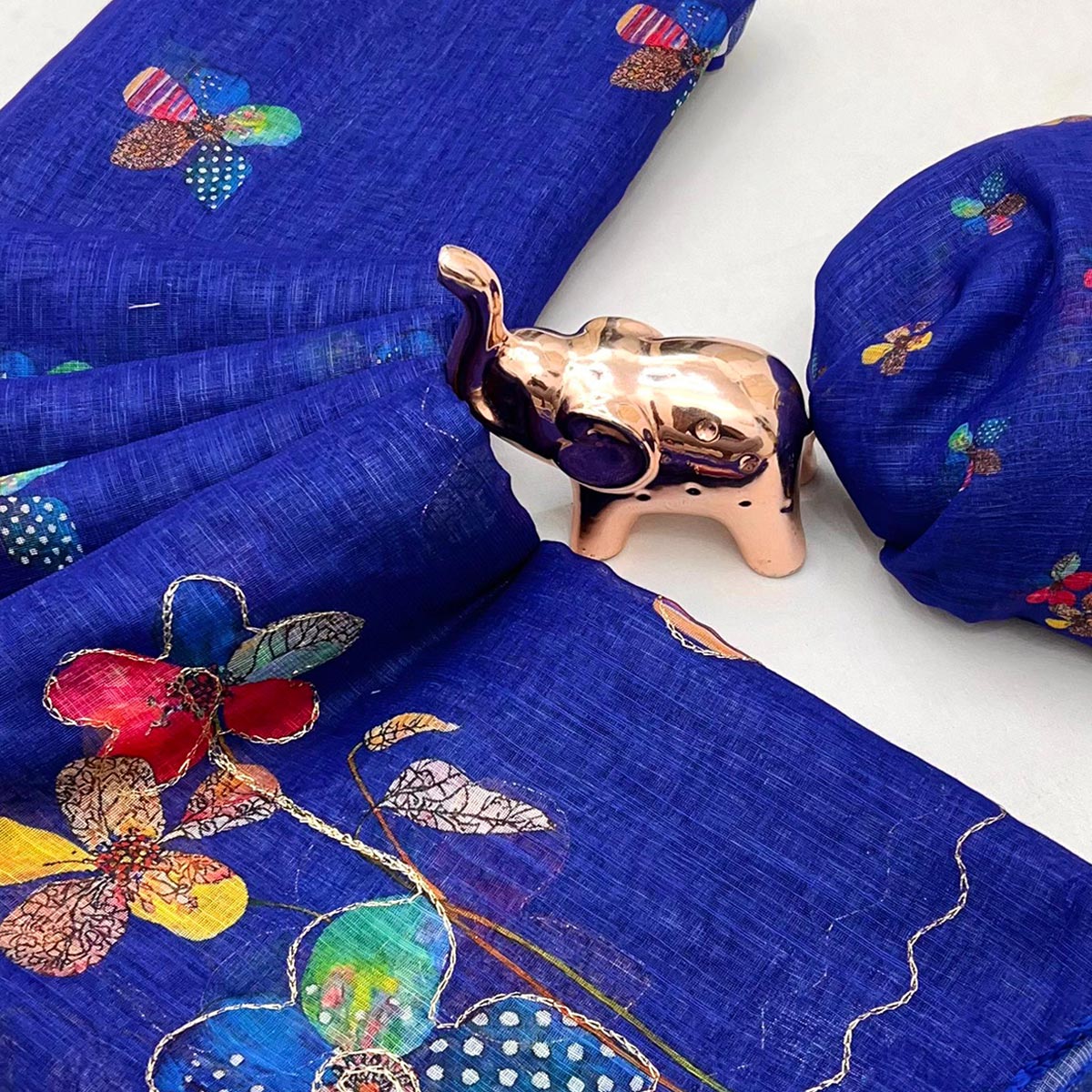 Royal Blue Linen Saree Featuring Floral Digital Print With Zari Outline & Cutwork Border